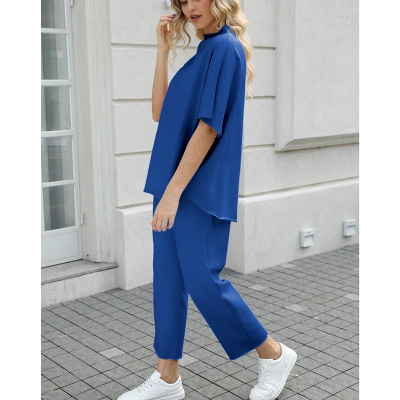 SeeLuNa Women's Two Piece Outfits 3/4 Batwing Sleeve Capelet Crew Neck Pullover Top Wide Leg Pants Lounge Set(Dark-Blue,XL) - Image 3