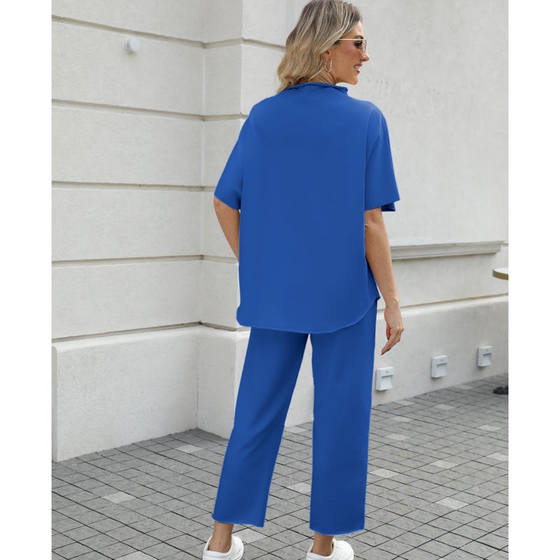SeeLuNa Women's Two Piece Outfits 3/4 Batwing Sleeve Capelet Crew Neck Pullover Top Wide Leg Pants Lounge Set(Dark-Blue,XL) - Image 2