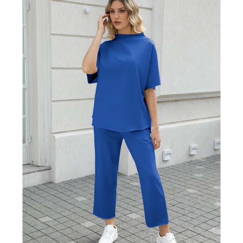 SeeLuNa Women's Two Piece Outfits 3/4 Batwing Sleeve Capelet Crew Neck Pullover Top Wide Leg Pants Lounge Set(Dark-Blue,XL) - Image 5