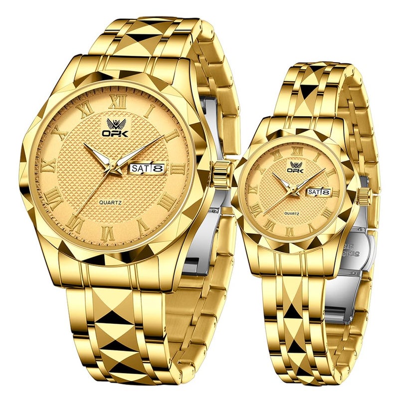 OPK Couple Watch Set - His & Her Matching Watches with Luxury Diamond Stainless Steel Waterproof & Luminous Quartz WristWatches Romantic Gift - Image 1