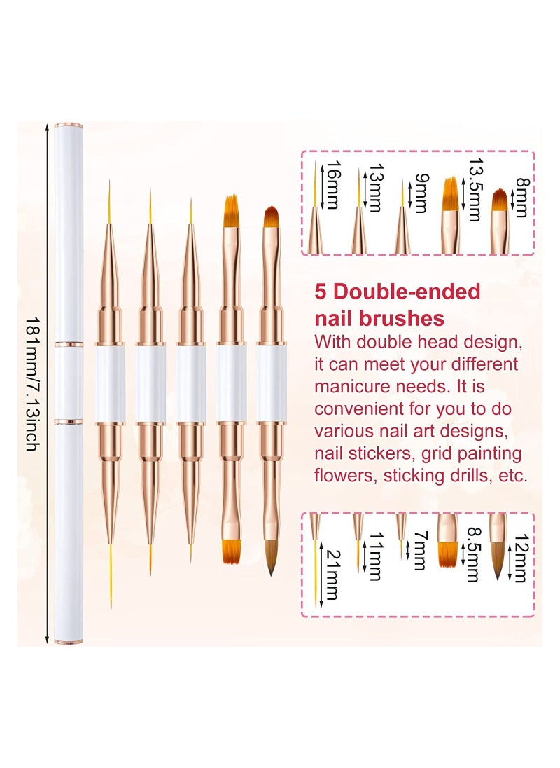 SYOSI 5Pcs Nail Art Brushes, Double Ended Nail Art Lines 3D Drawing Pen, Nail Cleaning Brushes, Builder Gel Brushes Nail Art Tools for Salon Home DIY Manicure, Double-headed Dual-use Pull Wire Painting Pen  - Image 2