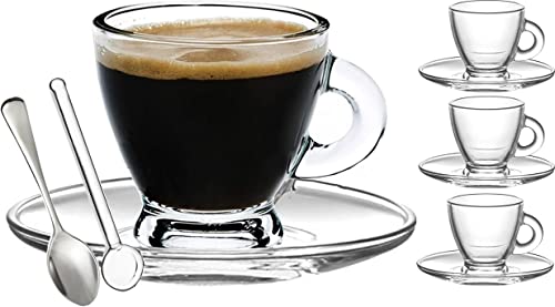 BOHEMS Espresso Cups 32 oz Small Demitasse Clear Glass Espresso Drinkware Set Of Cups Saucers and Stainless Steel mini Spoons  Free Glass Spoons set of 4