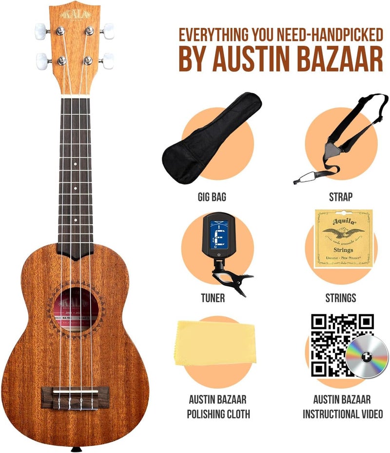 Kala طقم كمان سوبرا نو KA-15S من خشب الماهوجني مع حقيبة، مو tuner، حزام، أوتار، قرص DVD تعليمي من أوستن بازار، وقماش للتلميع - Image 3