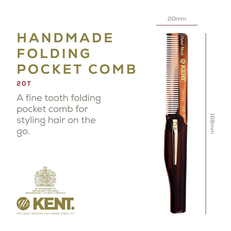 KENT 20T Handmade Folding Pocket Comb for Men, Fine Tooth Hair Comb Straightener for Everyday Grooming Styling Hair, Beard or Mustache, Use Dry or with Balms, Saw Cut Hand Polished, Made in England - Image 2