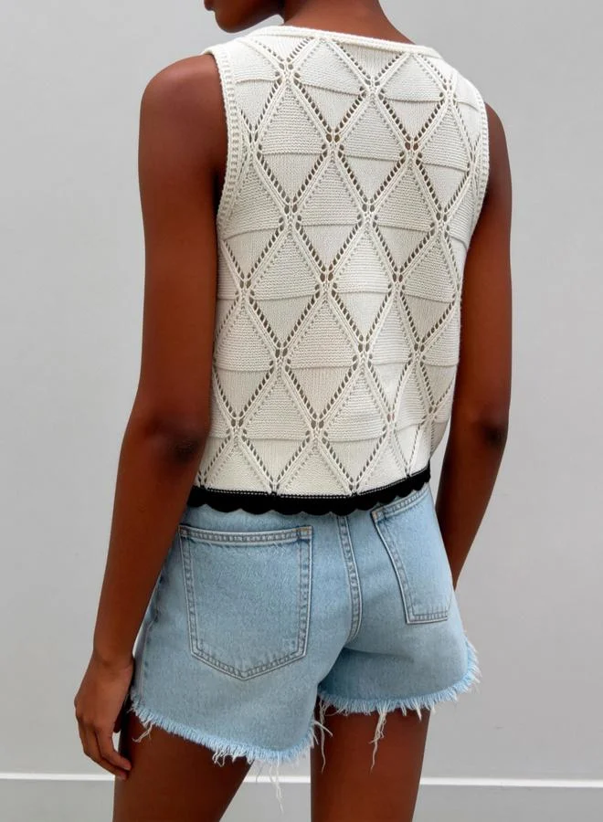 تايك تو White Sleeveless Knit Top with Tie Detail