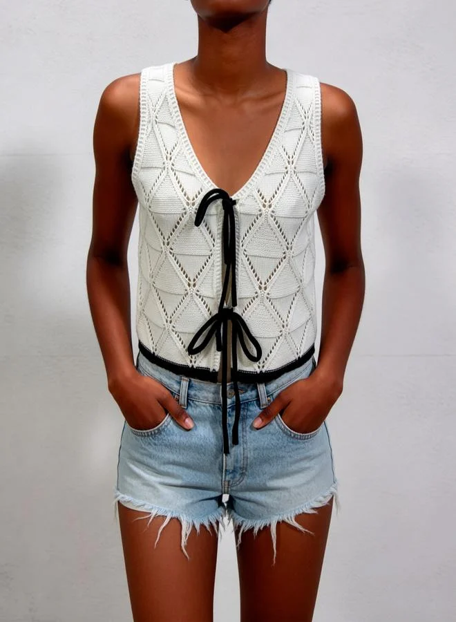 تايك تو White Sleeveless Knit Top with Tie Detail