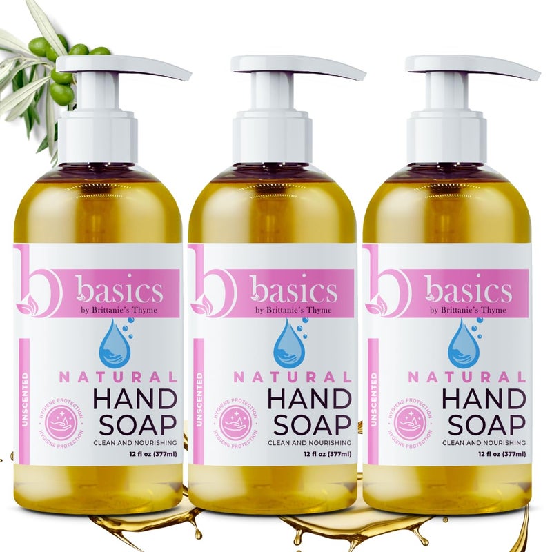 Brittanie's Thyme Brittanies Thyme Basics Natural Olive Oil Hand Soap Unscented  12 fl oz Pack of 3  Cruelty Free Vegan No Synthetic Additives No Sulfates Paraben Free Phthalate Free
