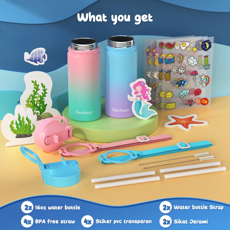 Gonfoam Kids Water Bottle, 2-Pack 16oz Kids Water Bottle with Stickers for School, insulated Stainless Steel Straw Cup(Pink+Blue) - Image 2