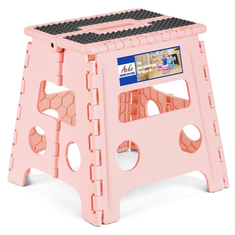 ACKO Folding Step Stool 13 inch Height Premium Heavy Duty Foldable Step Stools for Adults and Kids Kitchen Plastic Small Collapsible Stepping Stool Hold Up to 300 LB Dot Pink 1 Pack