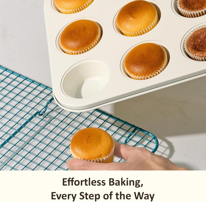 CAROTE 7-Piece Nonstick Ceramic Baking Pans Set - Bakeware Sets Including Cookie Sheets for Baking, Muffin Pan, Bread Pan, Cake pan, Loaf Pan, Roasting Pan, and Cooling Rack, LIght Blue & White - Image 5