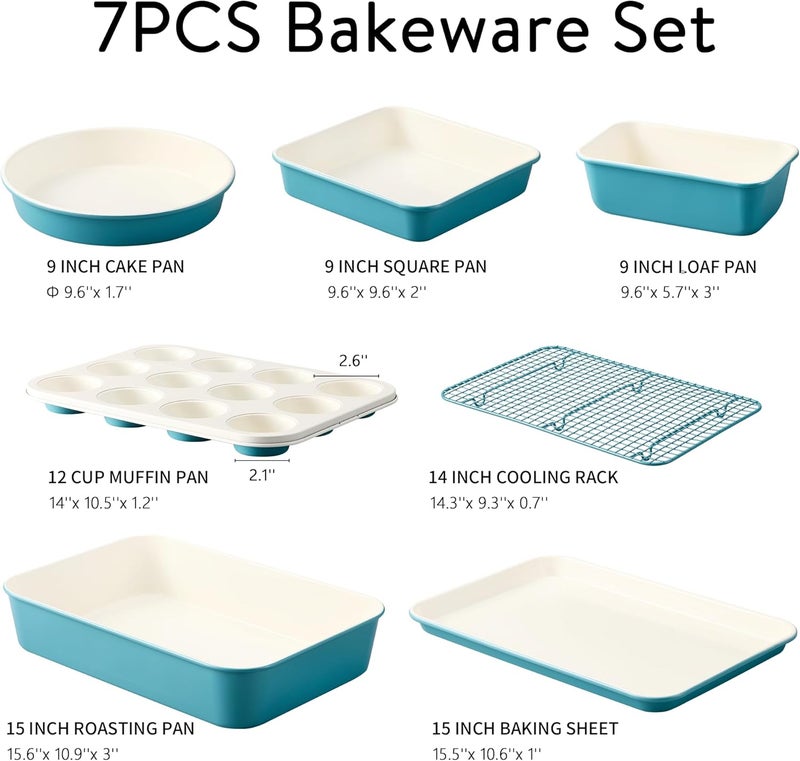 CAROTE 7-Piece Nonstick Ceramic Baking Pans Set - Bakeware Sets Including Cookie Sheets for Baking, Muffin Pan, Bread Pan, Cake pan, Loaf Pan, Roasting Pan, and Cooling Rack, LIght Blue & White - Image 2