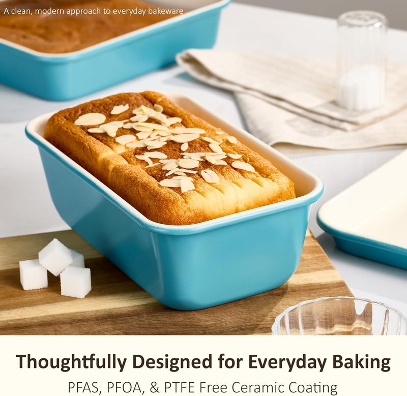 CAROTE 7-Piece Nonstick Ceramic Baking Pans Set - Bakeware Sets Including Cookie Sheets for Baking, Muffin Pan, Bread Pan, Cake pan, Loaf Pan, Roasting Pan, and Cooling Rack, LIght Blue & White - Image 3