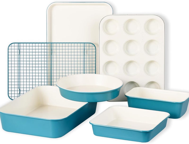 CAROTE 7-Piece Nonstick Ceramic Baking Pans Set - Bakeware Sets Including Cookie Sheets for Baking, Muffin Pan, Bread Pan, Cake pan, Loaf Pan, Roasting Pan, and Cooling Rack, LIght Blue & White - Image 1