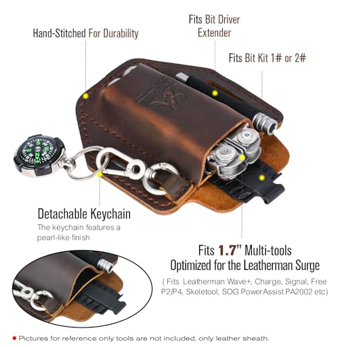 FI FLYHOMES FLYHOMES Genuine Leather Multitool Sheath | Handmade Stitched Belt Organizer for Leatherman Surge | Holds Bit Kit & Extender | EDC Tools Pouch (Dark brown) Large - Image 2