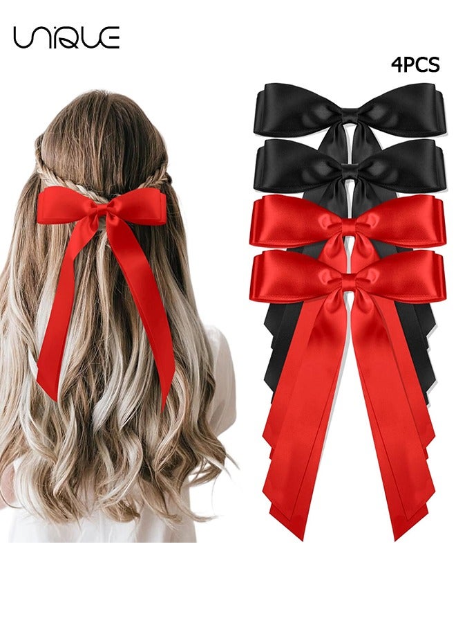 Unique 4PCS Silky Satin Hair Bows, Cute Vintage Hair Clips Double Ribbon Tassel Ponytail Holder Accessories With Metal Barrette for Women Girls Toddlers Teens Kids (Black & Red） - Image 1
