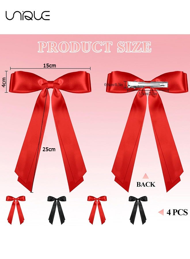 Unique 4PCS Silky Satin Hair Bows, Cute Vintage Hair Clips Double Ribbon Tassel Ponytail Holder Accessories With Metal Barrette for Women Girls Toddlers Teens Kids (Black & Red） - Image 2