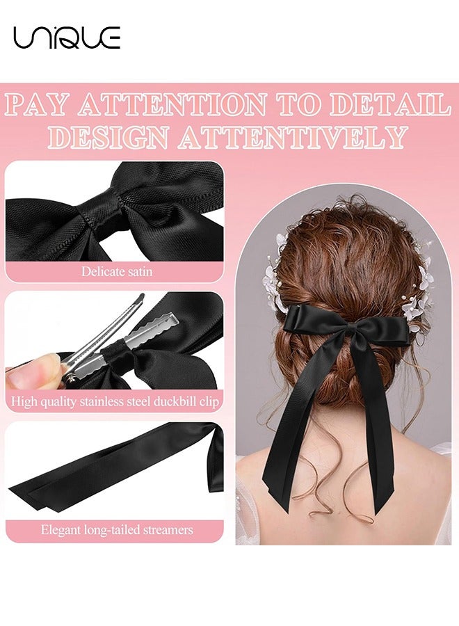 Unique 4PCS Silky Satin Hair Bows, Cute Vintage Hair Clips Double Ribbon Tassel Ponytail Holder Accessories With Metal Barrette for Women Girls Toddlers Teens Kids (Black & Red） - Image 3