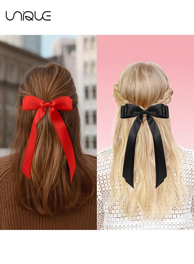 Unique 4PCS Silky Satin Hair Bows, Cute Vintage Hair Clips Double Ribbon Tassel Ponytail Holder Accessories With Metal Barrette for Women Girls Toddlers Teens Kids (Black & Red） - Image 4