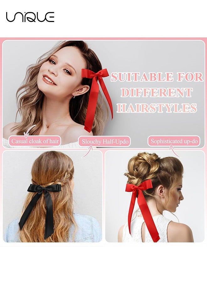 Unique 4PCS Silky Satin Hair Bows, Cute Vintage Hair Clips Double Ribbon Tassel Ponytail Holder Accessories With Metal Barrette for Women Girls Toddlers Teens Kids (Black & Red） - Image 5