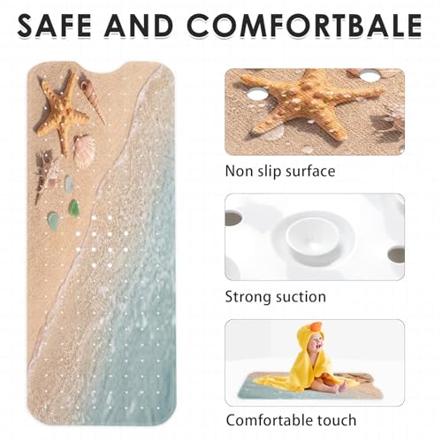 Culudea Beach Starfish Shells Bath Mat for Tub Non Slip, Blue Sea Ocean 40 X 16 Inch Extra Long Bathtub Mat for Tub Anti Slip with Suction Cups and Drain Holes for Kids Adults Elderly - Image 4