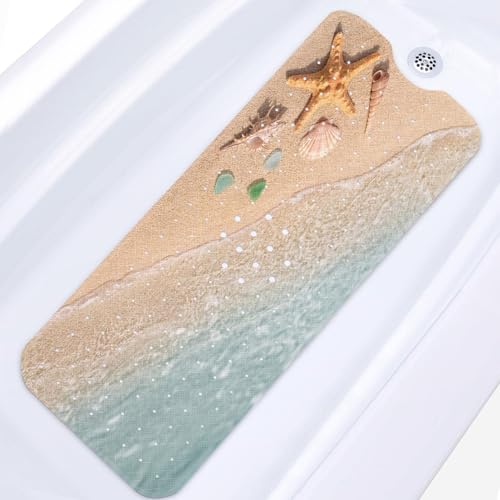 Culudea Beach Starfish Shells Bath Mat for Tub Non Slip, Blue Sea Ocean 40 X 16 Inch Extra Long Bathtub Mat for Tub Anti Slip with Suction Cups and Drain Holes for Kids Adults Elderly - Image 1