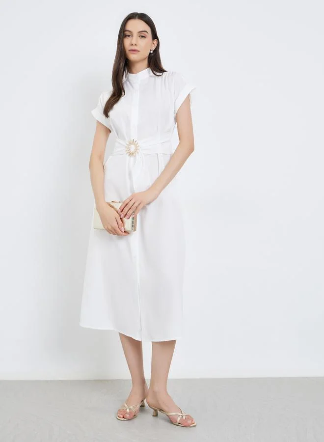 Take Two Take Two White A-Line Midi Dress with Belt