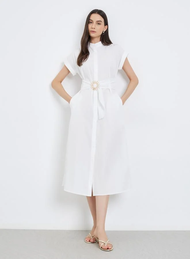 Take Two Take Two White A-Line Midi Dress with Belt
