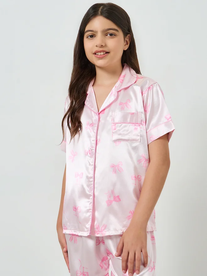 Take Two Teen Girls Bow Print Piping Shirt and Shorts Set