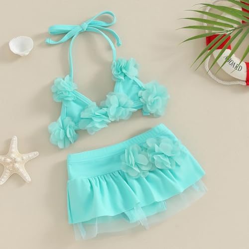 Yccutest Infant Baby Girl Flower Swimsuit 3Pcs Halter Triangle Tops Ruffle Bottoms Sun Hat Bikini Set Bathing Suit Swimwear (D-Green,0-6 Months) - Image 3