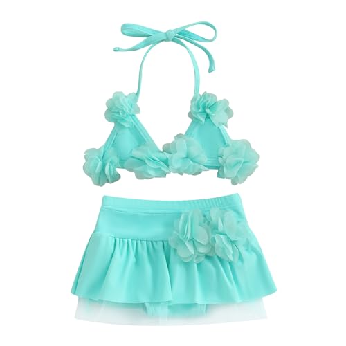 Yccutest Infant Baby Girl Flower Swimsuit 3Pcs Halter Triangle Tops Ruffle Bottoms Sun Hat Bikini Set Bathing Suit Swimwear (D-Green,0-6 Months) - Image 1