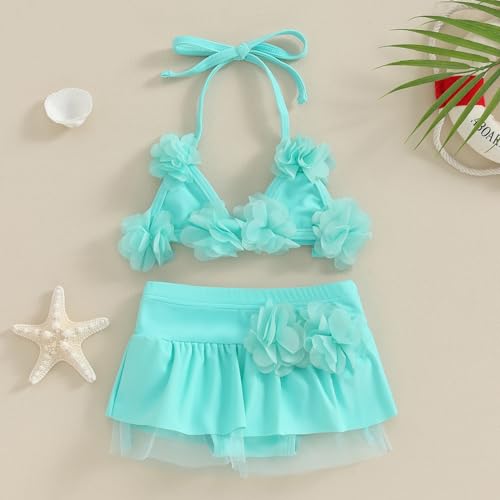 Yccutest Infant Baby Girl Flower Swimsuit 3Pcs Halter Triangle Tops Ruffle Bottoms Sun Hat Bikini Set Bathing Suit Swimwear (D-Green,0-6 Months) - Image 2