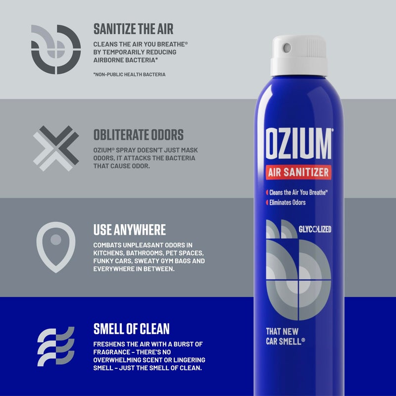 Ozium أوزيوم 3.5 أونصة. معقم هواء ومزيل روائح للمنازل والسيارات والمكاتب والمزيد، رائحة سيارة جديدة، عبوة 4 (OZM-22-4) - Image 2