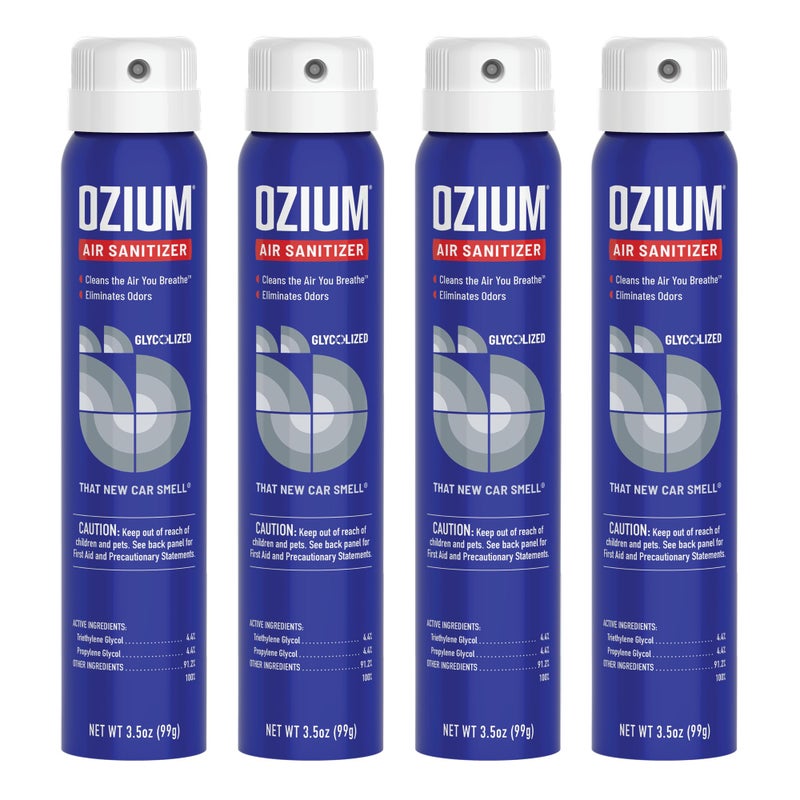 Ozium أوزيوم 3.5 أونصة. معقم هواء ومزيل روائح للمنازل والسيارات والمكاتب والمزيد، رائحة سيارة جديدة، عبوة 4 (OZM-22-4) - Image 1
