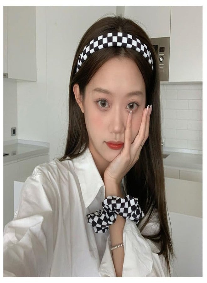 Feilguee 1 PCS Checkered headband and matching hair tie Plaid Hair Accessories for Women.Black and white checkered hairband for Women and Girls - Image 3
