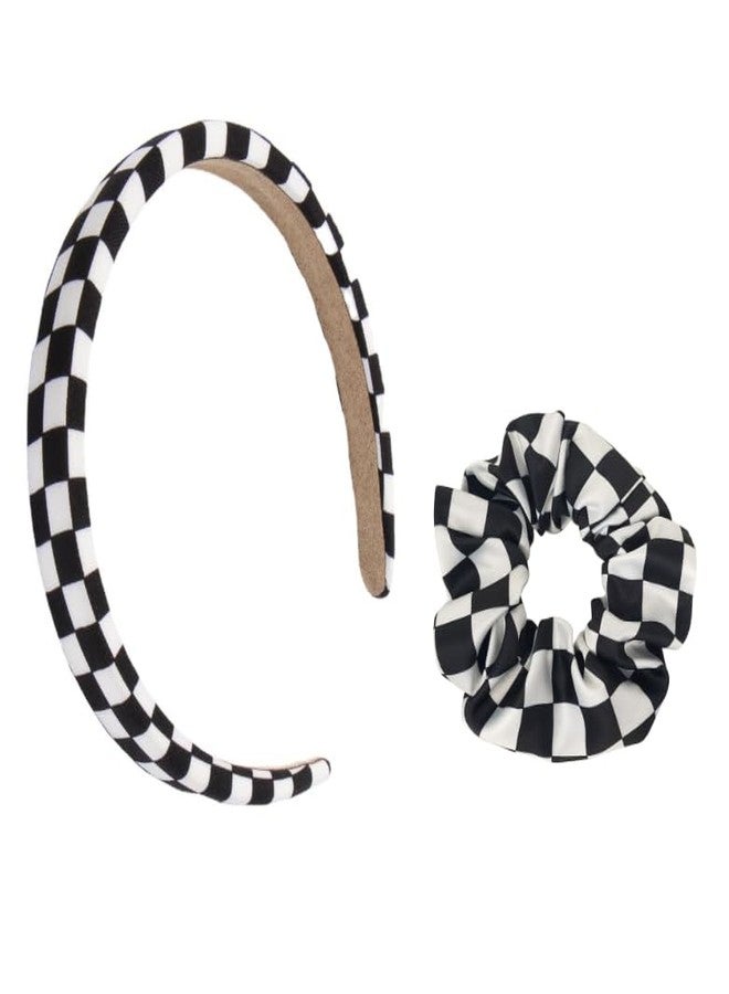 Feilguee 1 PCS Checkered headband and matching hair tie Plaid Hair Accessories for Women.Black and white checkered hairband for Women and Girls - Image 1