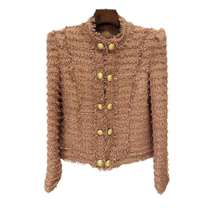 2026 Celebrity Fashion Fringed Tweed Slim-Fit Blazer Pink-Brown - Image 1