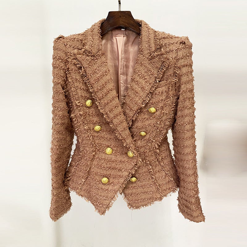 2026 Celebrity Fashion Fringed Tweed Slim-Fit Blazer Pink-Brown - Image 2