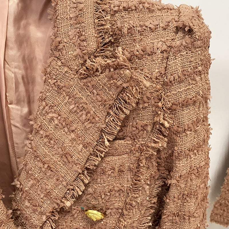2026 Celebrity Fashion Fringed Tweed Slim-Fit Blazer Pink-Brown - Image 4