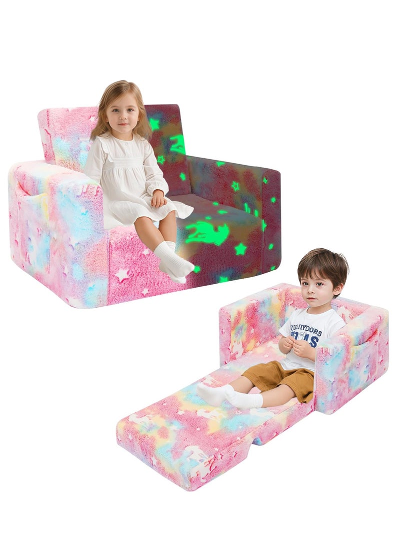 والالا أريكة قابلة للطي للأطفال، سرير كرسي للأطفال الصغار، أريكة بذراعين ناعمة قابلة للطي للأطفال، أريكة استرخاء قابلة للسحب، أريكة قابلة للتحويل للأطفال، كرسي استرخاء مريح للأطفال، وسادة نوم للأطفال مع إضاءة متوهجة في الظلام - Image 1