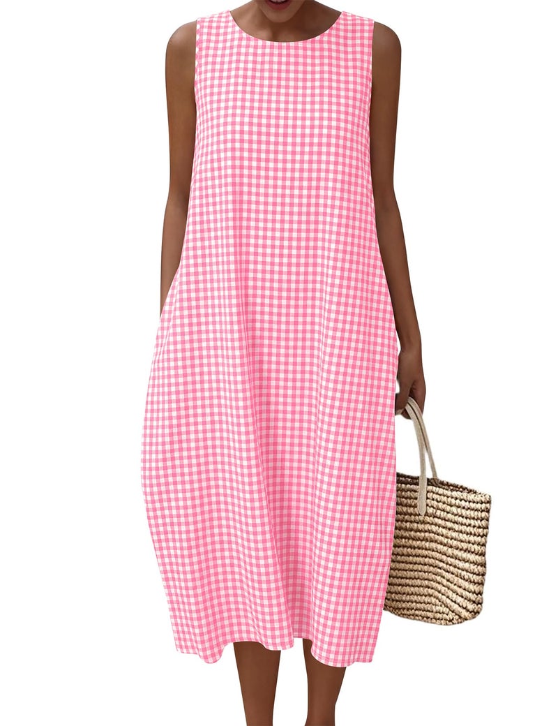 LOMON Long Beach Dresses for Women Gingham Casual Sleeveless Maxi Dress Summer Cotton Sundresses with Pockets - Image 1