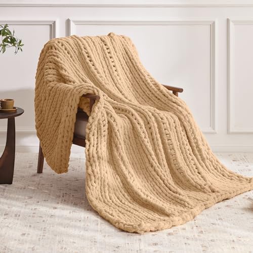 Negwoo Chunky Knit Throw Blanket, 40''*50'' Knitted Throw Chenille Yarn for Bed Couch, Handmade Beige Crochet Big Thick Blanket, Machine Washable Cute Comfy Blanket for Home Decor - Image 2