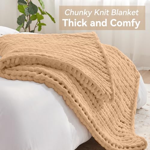 Negwoo Chunky Knit Throw Blanket, 40''*50'' Knitted Throw Chenille Yarn for Bed Couch, Handmade Beige Crochet Big Thick Blanket, Machine Washable Cute Comfy Blanket for Home Decor - Image 5