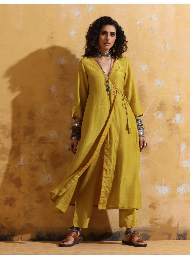 trueBrowns Lime Muslin Silk Angrakha Kurta Pant Set - Image 1
