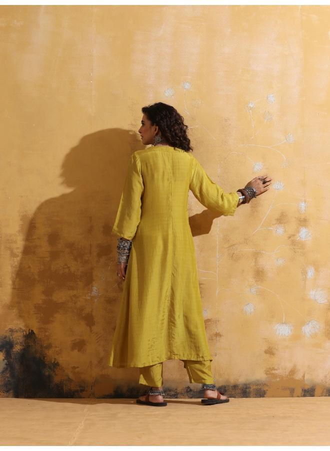 trueBrowns Lime Muslin Silk Angrakha Kurta Pant Set - Image 2