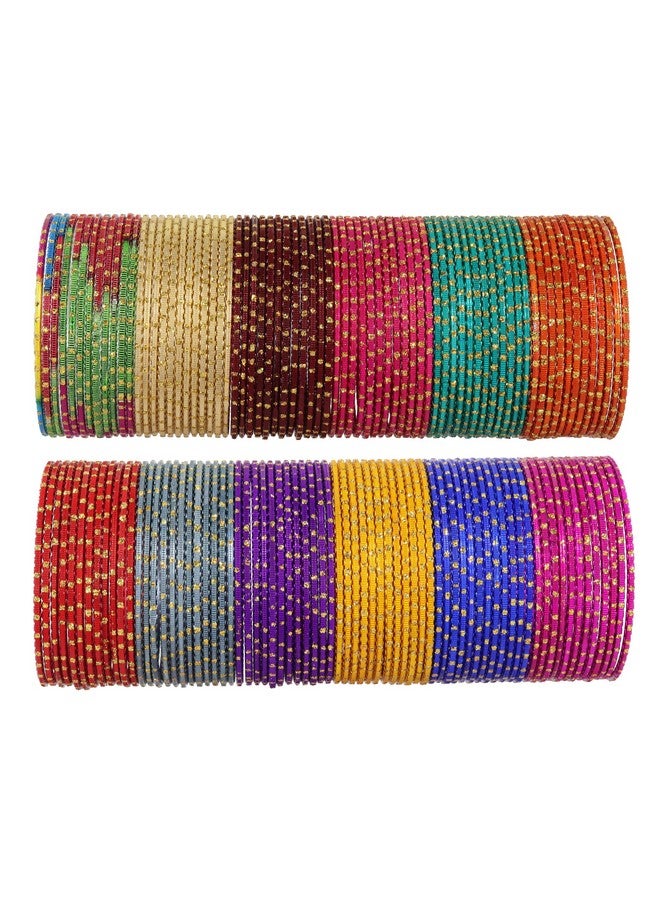 NMII Colourful Metal Bangles Set with Golden Polka Dots & Cutting Design For Women & Girls | Women's Bangles Combo | Traditional Design Golden Bangles | Chudi Set- Pack of 144, (NM_P17-Shreeji-2.2) - Image 1
