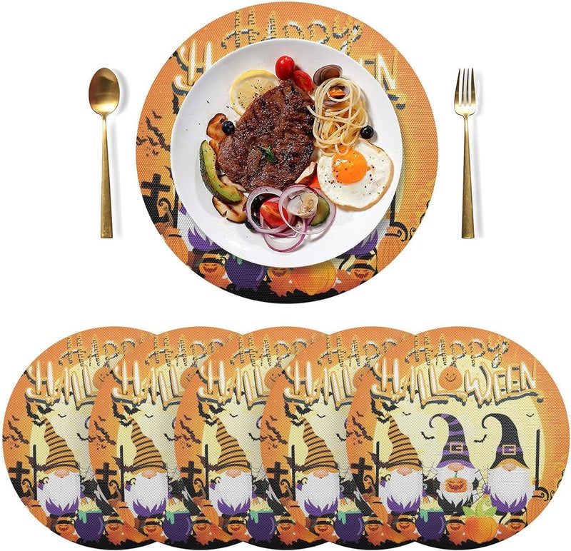 Kcldeci Halloween Gnome Placemats for Dining Table Set of 4 Halloween Pumpkin Round Place mats Tablemats for Kitchen Dining Table Decoration Indoor Outdoor - Image 2