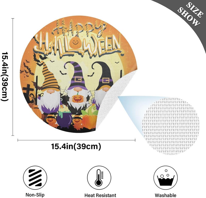 Kcldeci Halloween Gnome Placemats for Dining Table Set of 4 Halloween Pumpkin Round Place mats Tablemats for Kitchen Dining Table Decoration Indoor Outdoor - Image 3