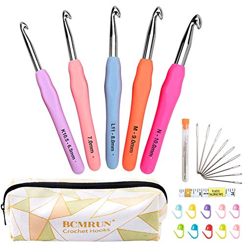 BCMRUN Large Crochet Hooks, BCMRUN Size 6.5mm(K)-10.0mm(P) Crochet Hooks Knitting Needles Set Ergonomic Grip Soft Handles Crochet Hook,Large-Eye Blunt Needles,Stitch Marker, Tape Measure in Case - Image 1