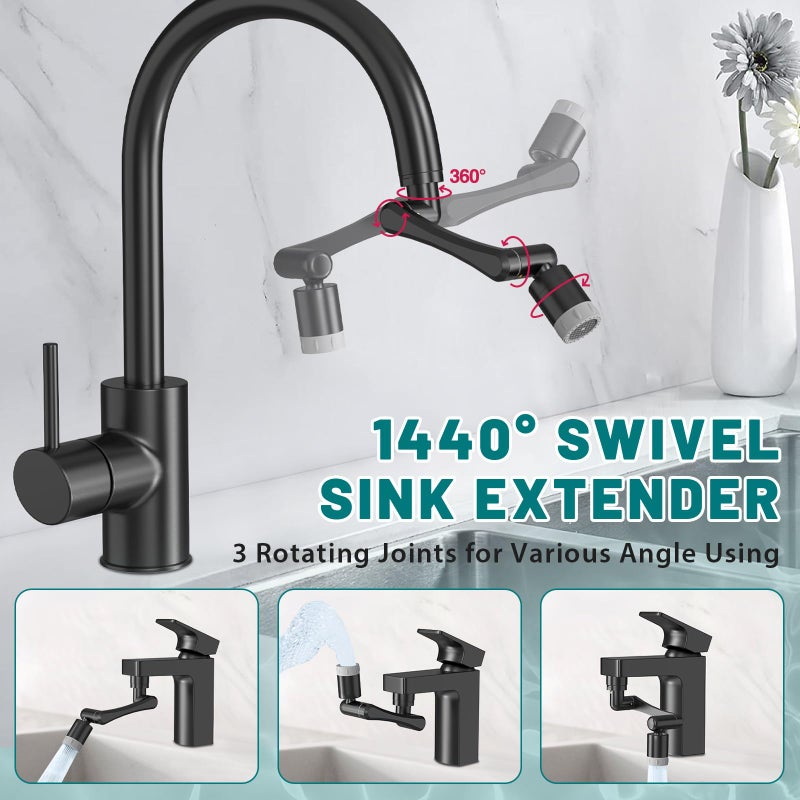 Cecefin 1440 Rotating-Faucet-Extender Sink Aerator - 1080+360 Large-Angle Splash Tap Extension With 2 Water Outlet  Swivel Multifunctional Robotic Arm For Kitchen/Bathroom  Black - Image 2