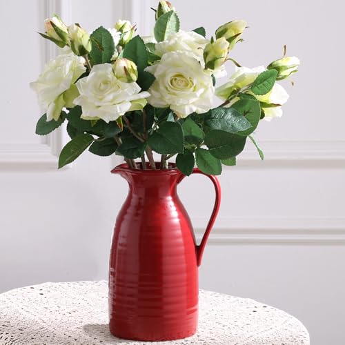 hjn hjn Farmhouse Pitcher Vase for Flowers Ceramic Pitcher Vase Red Decorative Pitcher for Your KitchenHome DecorOfficeLiving RoomBookshelfMantelRed